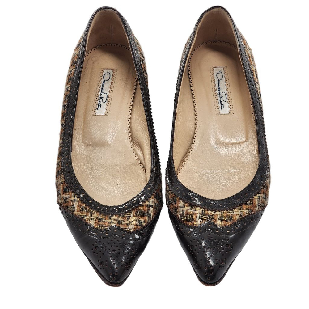 Women's Oscar de la Renta Brown Black Tweed Pointed Toe Flats Size 7